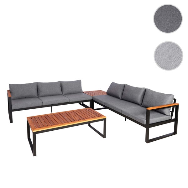 Garten-Lounge-Set aus schwarzem Metall und Holz mit grauen Polstern, bestehend aus Ecksofa, Couchtisch und Ecktisch.