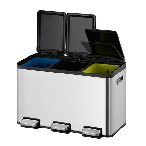 PROREGAL Rechteckiger Treteimer Aus Gebürstetem Edelstahl Mit Getrennten Soft Close & Stay Open Deckel 30 Liter HxBxT 37,1 x 59,5 x 32,1 cm Silber