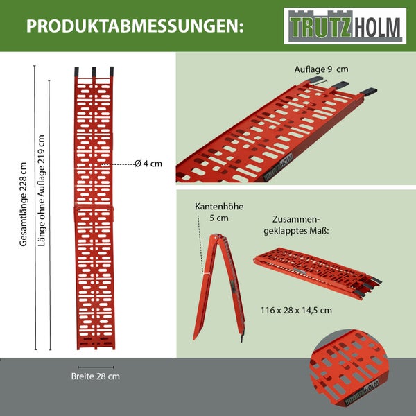 TRUTZHOLM 2 x Auffahrrampen klappbar 228 cm Tragkraft 680 kg Alu rot gelocht Rampen Motorradrampen