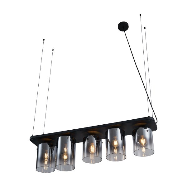 Hängelampe mit fünf Lampen und Rauchglas-Schirmen