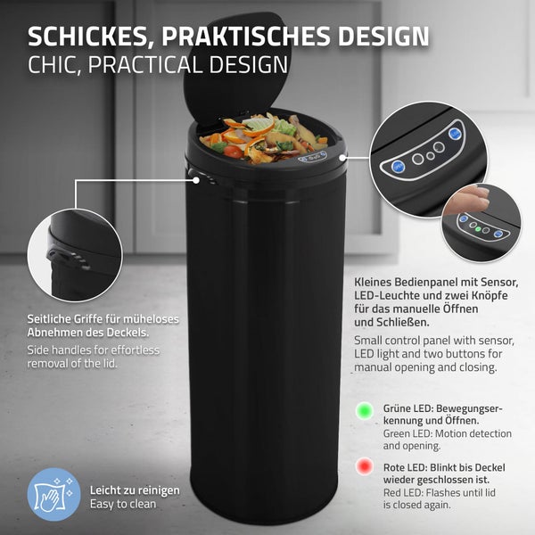 ML-Design Mülleimer mit Sensor 50L aus Edelstahl, Schwarz, Rund, automatisches Öffnen & Schließen, Abfalleimer berührungslos, Müllbehälter mit Bewegungssensor, LED-Anzeige, Klemmring, für Küche & Büro