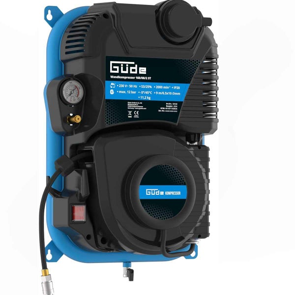 Güde Wandkompressor 160/08/2 ST mit Manometer und Druckluftschlauch zur Wandmontage.