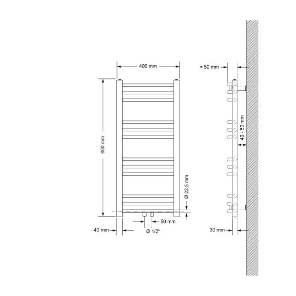 ECD Germany Badheizkörper Mittelanschluss 400 x 800 mm Anthrazit gebogen mit Thermostat und Anschlussgarnitur Eck Wand - Heizkörper Heizung Handtuchwärmer Handtuchtrockner Handtuchheizkörper