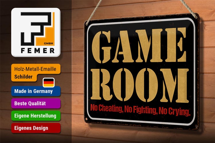 Blechschild Spruch 30x20cm Game room no cheating no fighting