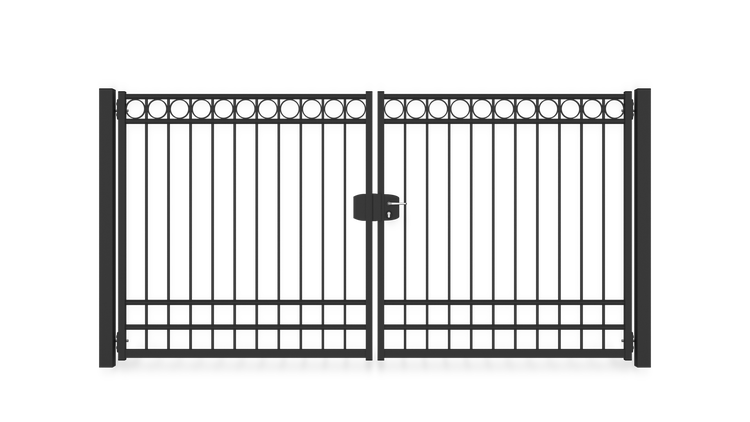 Gartentor ZAUNGURU BASIC-Line Oldenburg Kreis aus Metall, Höhe: 163cm, Breite: 334cm, 2-flügelig inkl. Pfosten, Schloss und Zubehör, Feuerverzinkt und zusätzlich in RAL 7016 Anthrazitgrau pulverbeschichtet