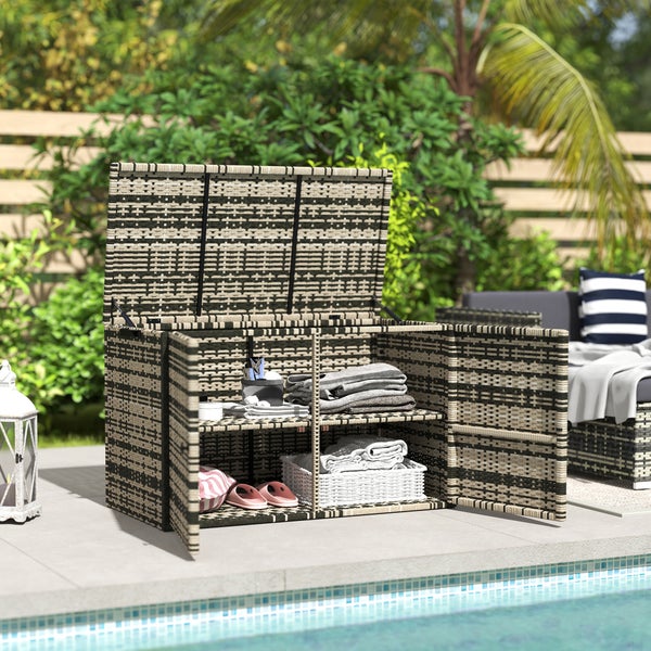 Outsunny Rattan Auflagenbox 350L 2-Ebenne wetterfest Kissenbox mit Deckel Hebestangen Tragegriffe UV-beständig Gartenbox Aufbewahrungsbox Gartentruhe für Garten Terrasse Balkon 118x57x69 cm Mischgrau