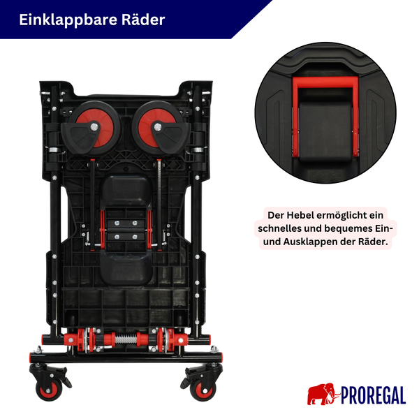 Plattformwagen von unten mit eingeklappten Rädern, Detailansicht des Hebels zum Ein- und Ausklappen und Proregal Logo.