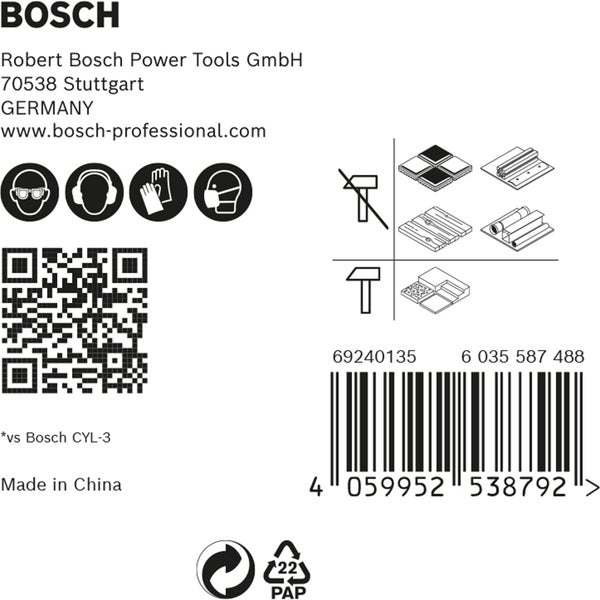 Bosch Produktverpackungshinweise: Sicherheitsvorkehrungen, Anwendungsbereiche, Barcode und Papier-Recycling Symbol.