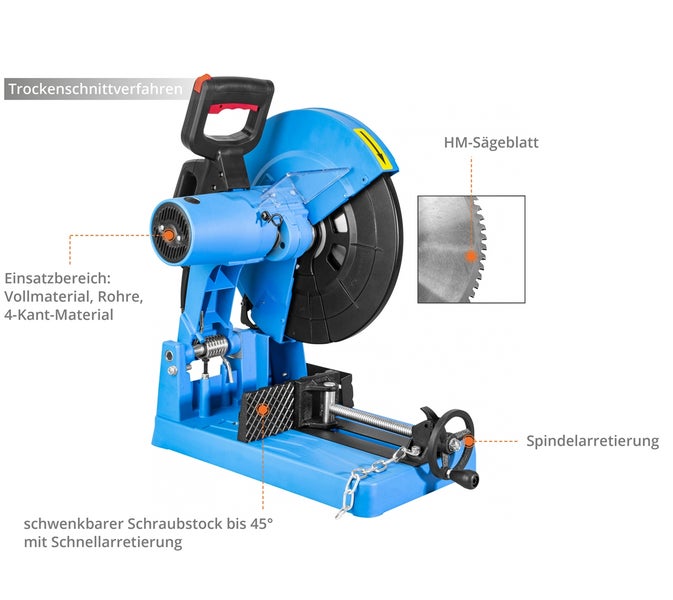 Metallkappsäge mit HM-Sägeblatt, schwenkbarem Schraubstock bis 45 Grad, Schnellspannfunktion und Trockenschnittverfahren für Metallprofile.