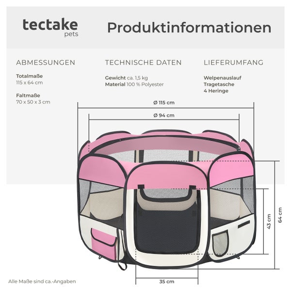 Informationen zum Tectake Welpenauslauf mit den Maßen und dem Lieferumfang.