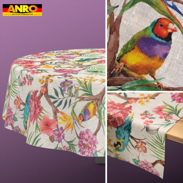 ANRO Logo. Runde und rechteckige Tischdecke mit tropischem Muster aus exotischen Vögeln und Blumen auf Stoff in Leinenoptik.