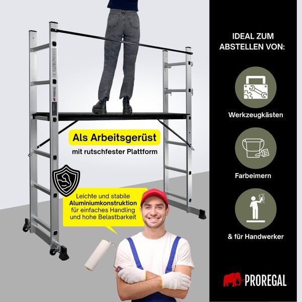 Mobiles Arbeitsgerüst aus Aluminium mit rutschfester Plattform, Rollen und Handwerker. Ideal für Werkzeug und Farbeimer. Proregal Logo.