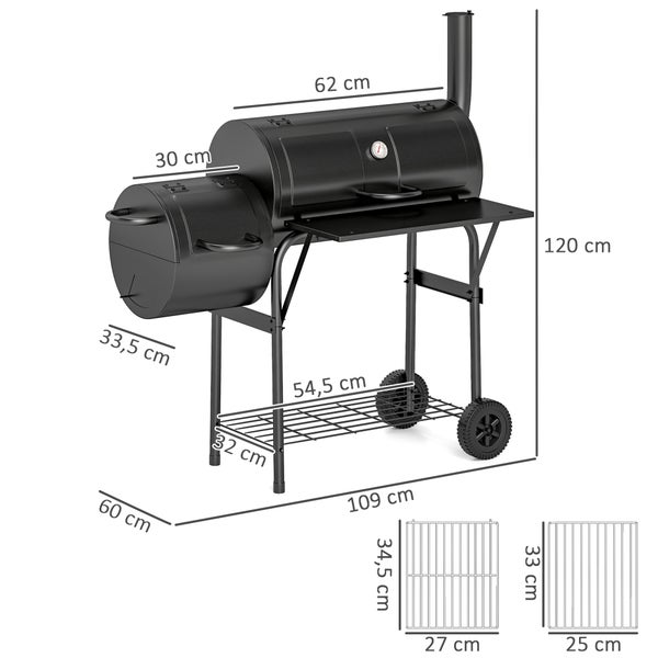 Outsunny Holzkohlegrill aus Stahl BBQ Smoker mit Deckel Thermometer Räder Ablage fahrbar Grillwagen mit Luftzufuhr Kohlewanne, Kohlegrill Kohlegrillwagen für Barbeque Camping, Garten 109x60x120 cm