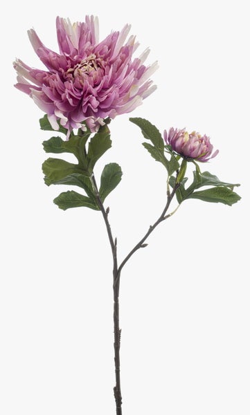 Künstliche Chrysantheme in Flieder mit einer großen Blüte, einer kleinen Knospe und grünen Blättern am Stiel.