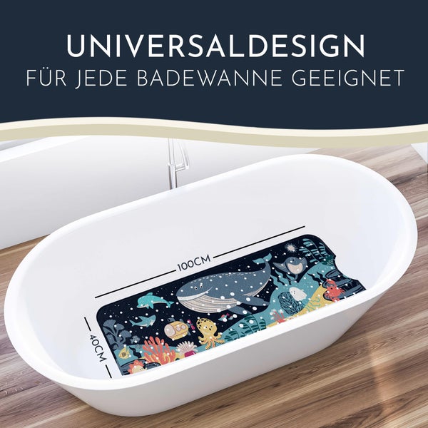 Badewanne mit Antirutschmatte, 100 mal 40 Zentimeter, mit Unterwasserwelt-Motiv