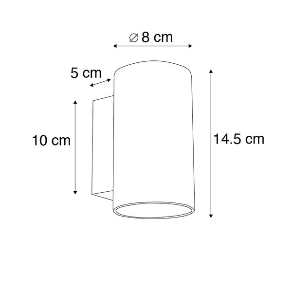 Zeichnung einer Wandleuchte mit den Maßen 14,5 cm Höhe, 8 cm Durchmesser und 5 cm Wandabstand