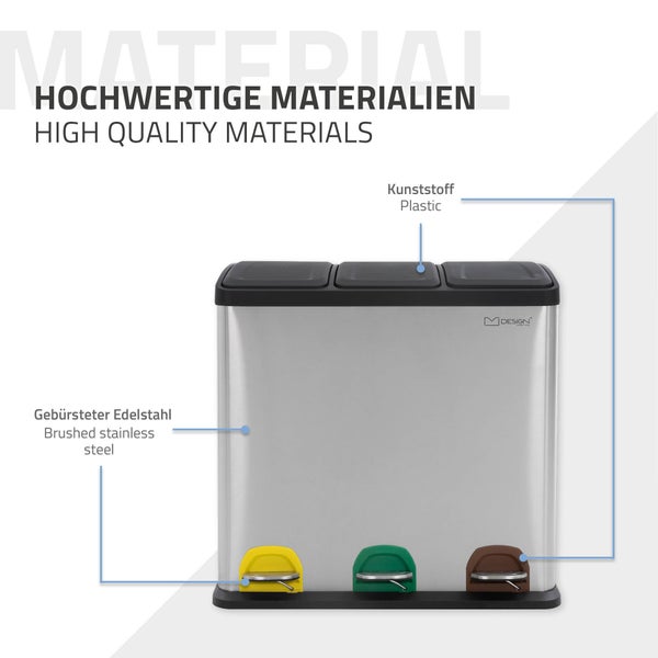ML-Design Mülleimer Küche 3x 20L (60L), Silber, Mülltrennsystem 3 Fächer, Treteimer zur Mülltrennung, Abfalleimer aus Edelstahl mit Inneneimer aus Kunststoff & Klappdeckel, farblicher Kennzeichnung