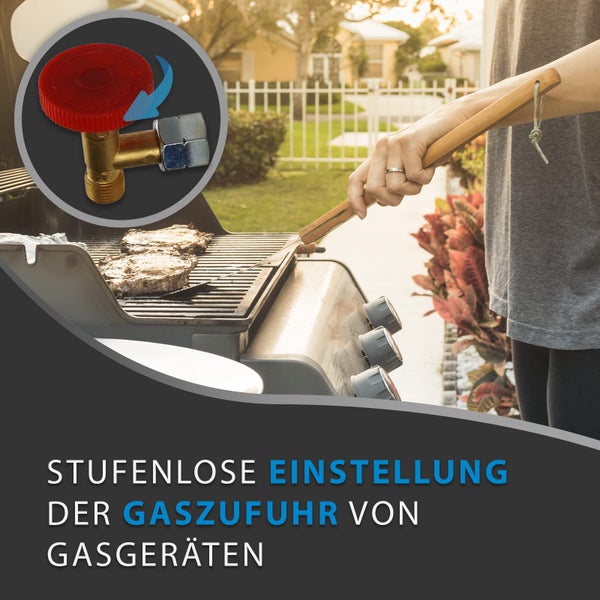 PELMOS Gasdruckregler aus Messing I Zum genauen Regulieren der Gaszufuhr I Stufenloses Gasventil für Gasgrills und andere Gasgeräte