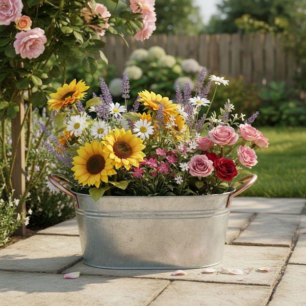 Verzinkte Metallwanne mit bunten Gartenblumen wie Sonnenblumen, Rosen, Lavendel und Margeriten auf einer Steinplatte im Garten.