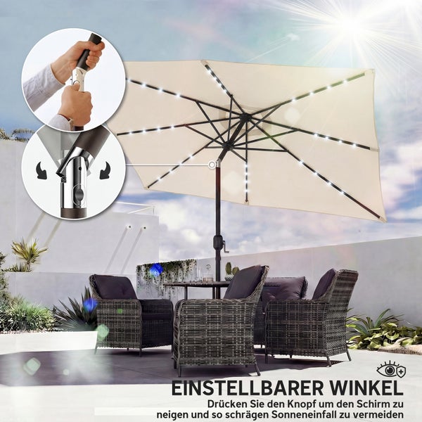Outsunny Sonnenschirm LED Solar ca. 300 x 200 cm knickbar Balkonschirm mit Kurbel Schutzhülle, UV Schutz, Drehbar Gartenschirm Rechteckig Marktschirm für Garten Balkon Terrasse Cremeweiß