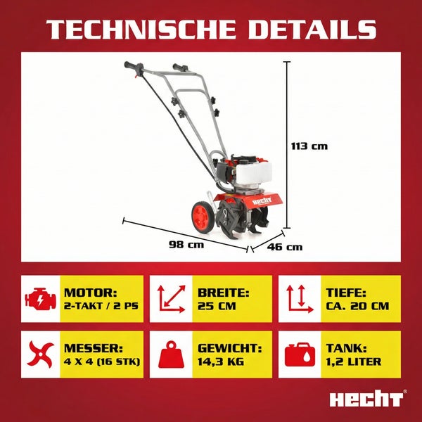 Hecht Gartenfräse mit technischen Details wie Maße, Motorleistung und Gewicht