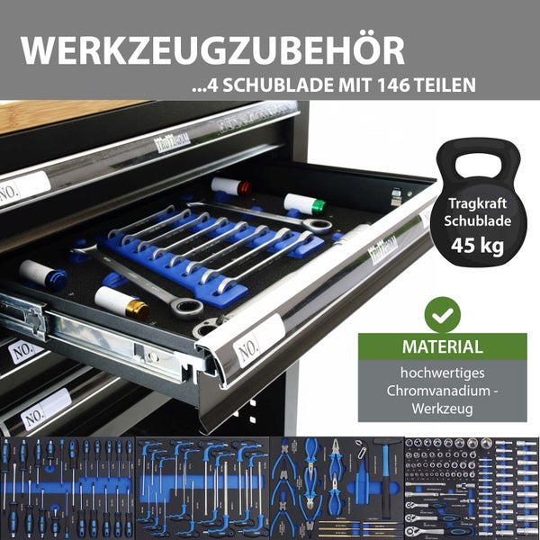 Werkzeugzubehör mit vier Schubladen und 146 Teilen, Schubladenbelastbarkeit 45 Kilogramm, Material Chromvanadium Werkzeug