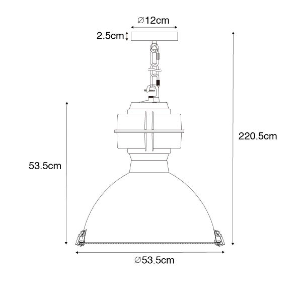 Technische Zeichnung einer Hängelampe mit Maßangaben