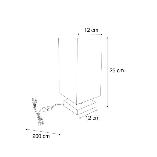 Skizze einer Tischleuchte mit den Maßen 12 mal 12 mal 25 Zentimeter und einem 200 Zentimeter langen Kabel
