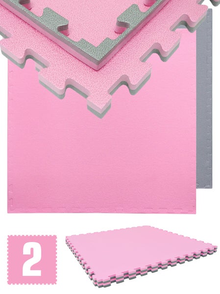 1.6qm Profi Fitnessmatte - 2er Set 90x90x2cm Bodenschutzmatte für Fitnessgeräte Grau Pink