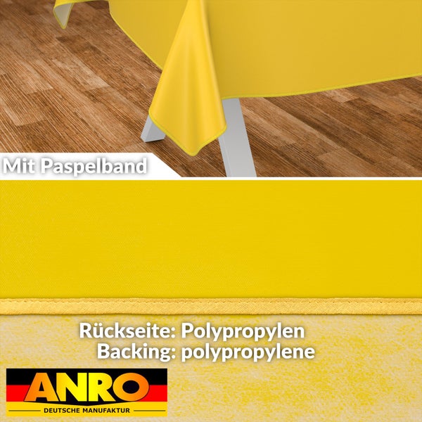 Gelbe Tischdecke mit Paspelband und Polypropylen-Rückseite, ANRO Logo