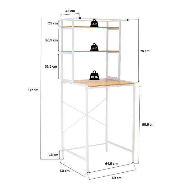 Küchenregal aus Metall mit Holzregalböden und Bemaßung, Gesamthöhe 177 Zentimeter, maximale Belastbarkeit pro Ebene 10 Kilogramm.