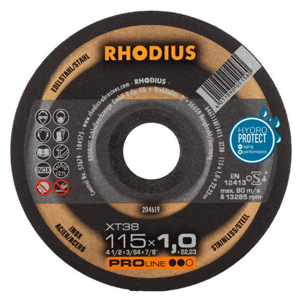 RHODIUS Trennscheibe XT38, 10 Stück, 115 x 1,0 x 22,23 mm für Edelstahl, Stahl, Metall, PROline