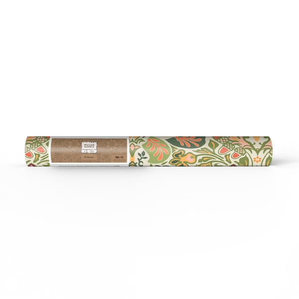 Vliestapete William Morris mit floralem Muster auf einer Tapetenrolle.