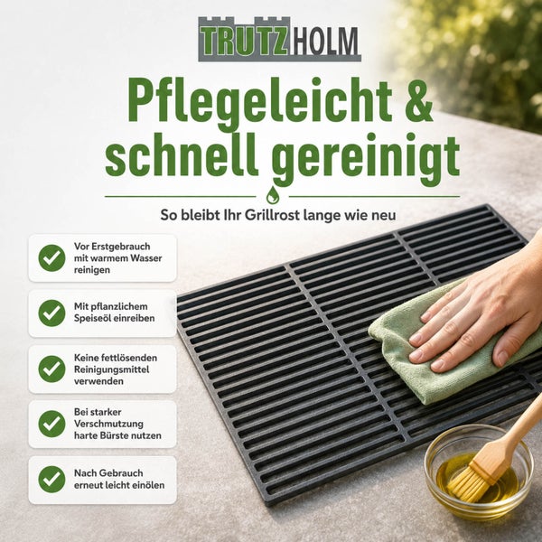 Trutzholm Logo mit Pflegehinweisen für einen gusseisernen Grillrost inklusive Reinigung und Einölen.