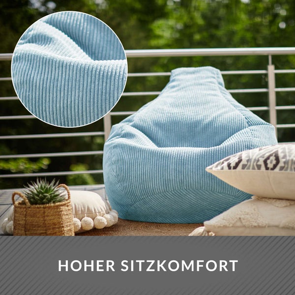 Green Bean Sitzsack mit Rückenlehne 80x80x90cm - Gaming Chair mit 230L Füllung Cordstoff - Bean Bag Bodenkissen Lounge Sitzhocker Relax-Sessel Gamer Gamingstuhl Hellblau