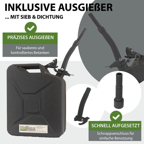Schwarzer Metall-Kraftstoffkanister mit flexiblem Ausgießer inklusive Sieb und Dichtung sowie Schnappverschluss für kontrolliertes Betanken.