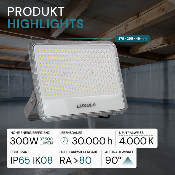 Luxula LED-Strahler mit hoher Energieeffizienz, 300 Watt Leistung, 37.500 Lumen, Lebensdauer 30.000 Stunden, neutralweißes Licht 4.000 Kelvin, Schutzart IP65 IK08, Farbwiedergabe RA größer 80, Abstrahlwinkel 90 Grad, Maße 379 x 295 x 49 Millimeter.