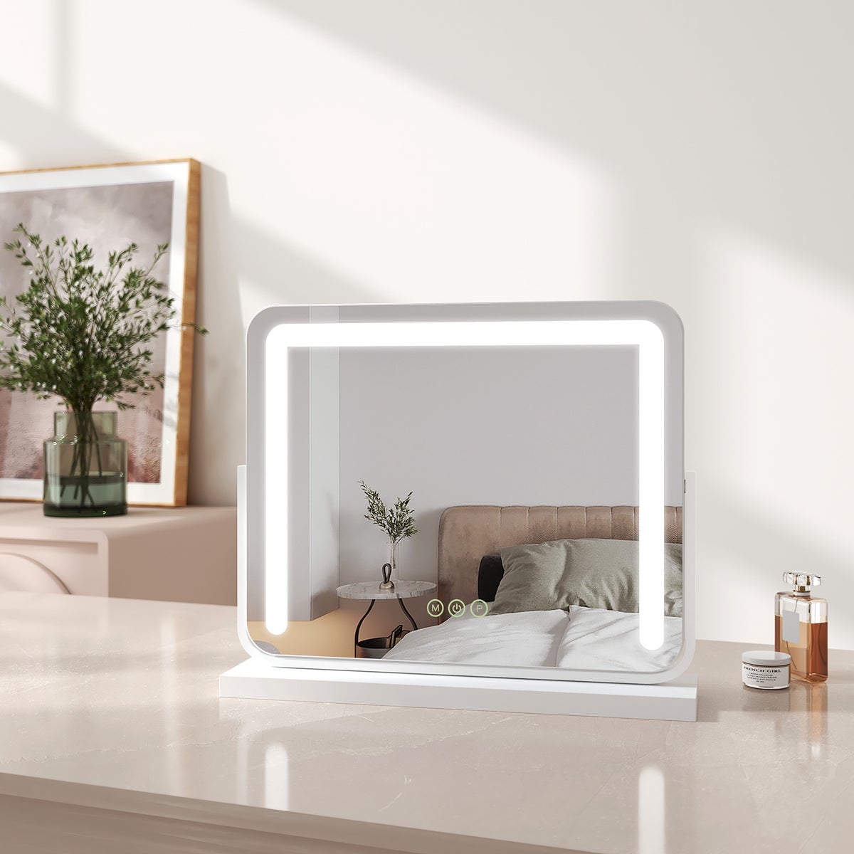 EMKE Schminkspiegel mit Beleuchtung LED Kosmetikspiegel Drehbar Make Up Spiegel mit Touchschalter, 3 Lichtfarben Dimmbar und Memory-Funktion, Weiß, 50x41,6cm