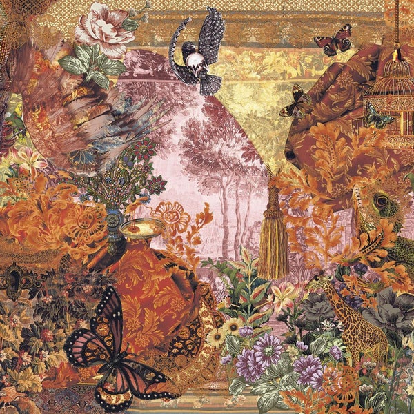 Dekoratives Wandbild mit Blumen, Schmetterlingen und Tieren.