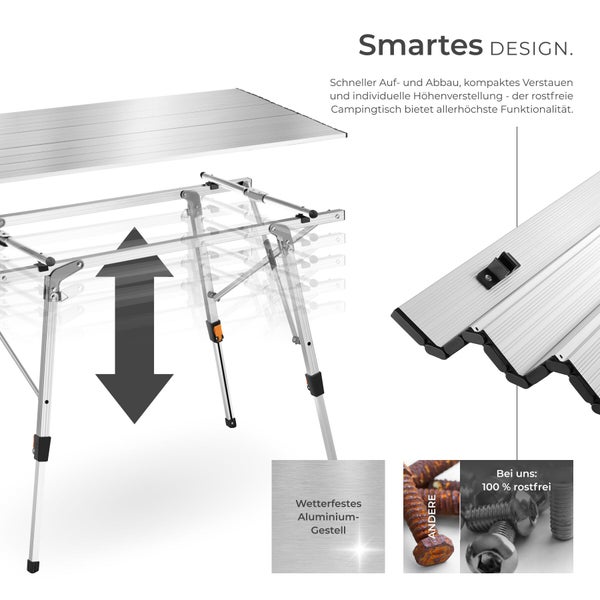 Höhenverstellbarer Campingtisch aus rostfreiem Aluminium mit rollbarer Tischplatte.
