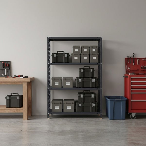 Organisierte Werkstatt mit einem Schwerlastregal aus Metall, Werkzeugkoffern, einer Holzwerkbank und einem roten Werkstattwagen auf Betonboden.