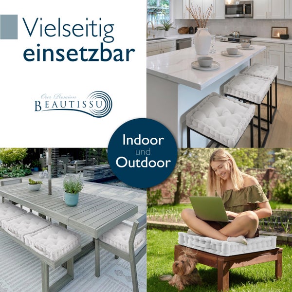 Collage mit Bildern von vielseitig einsetzbaren Sitzkissen im Innen- und Außenbereich