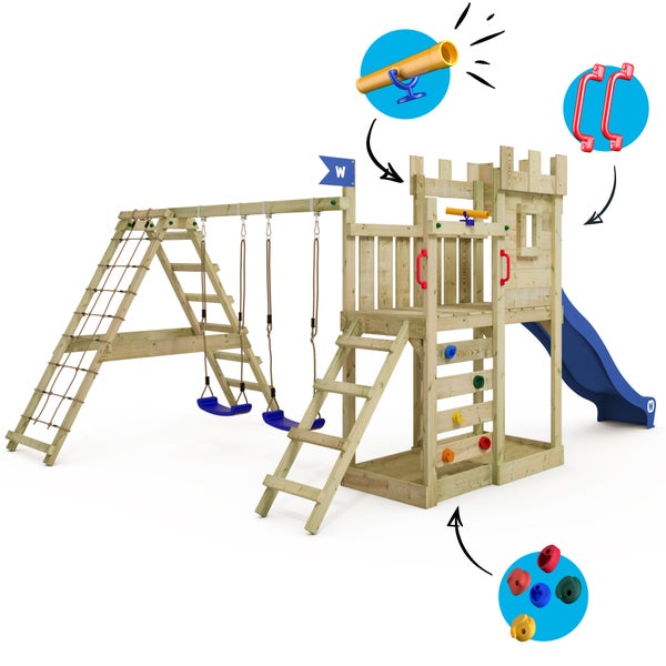 WICKEY Spielturm GateFlyer mit Kletteranbau, Doppelschaukel und Rutsche - blau