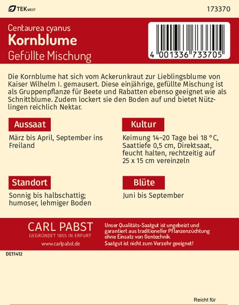Rückseite der Saatgutpackung für Kornblume Gefüllte Mischung mit Anbauhinweisen zu Aussaat, Kultur und Standort. Carl Pabst Logo.