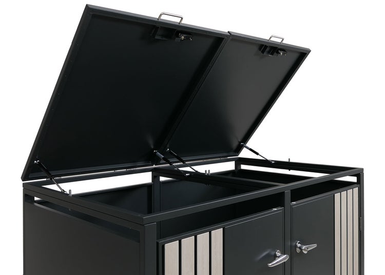 Mülltonnenbox mit zwei Behältern und geöffnetem Deckel