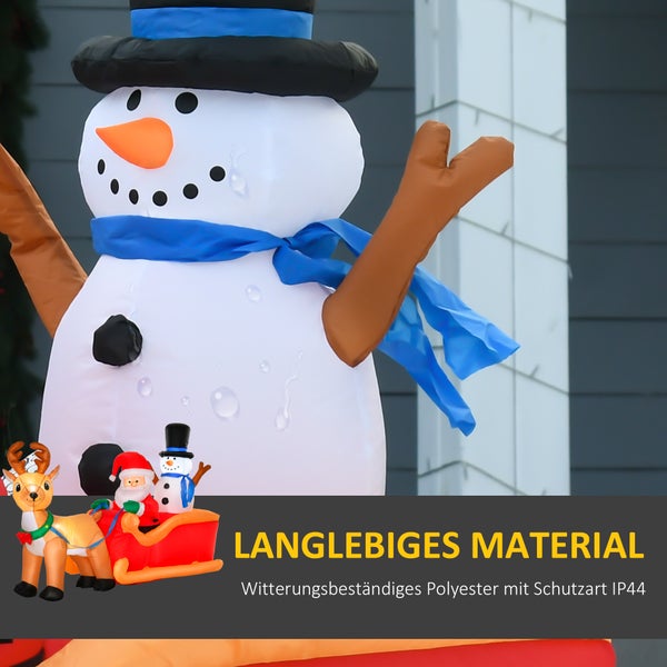 HOMCOM Aufblasbarer Weihnachtsmann auf Schlitten mit Schneemann, LED, wetterfest, 200 x 80 x 128 cm, Polyester, Rot+Gelb