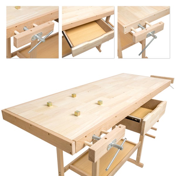 Holzwerkbank tectake  137 x 50 x 87 cm mit 2 Schraubstöcken braun
