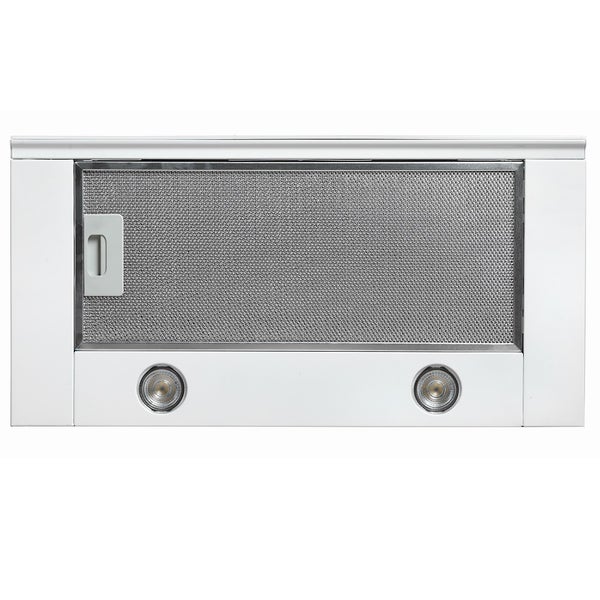 Weiße Unterbauhaube mit Metallfilter und zwei Lampen