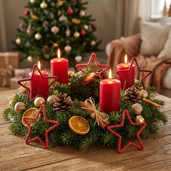 Adventskranz mit vier brennenden Stumpenkerzen, geschmückt mit Tannenzweigen, Kiefernzapfen, Orangenscheiben und sternförmigen Dekorationselementen.