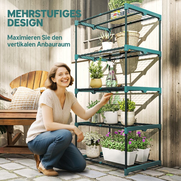 5-stöckiges Pflanzenregal aus Stahlrohren und Kunststoff-Steckverbindern, bestückt mit verschiedenen Topfpflanzen auf einer Terrasse.